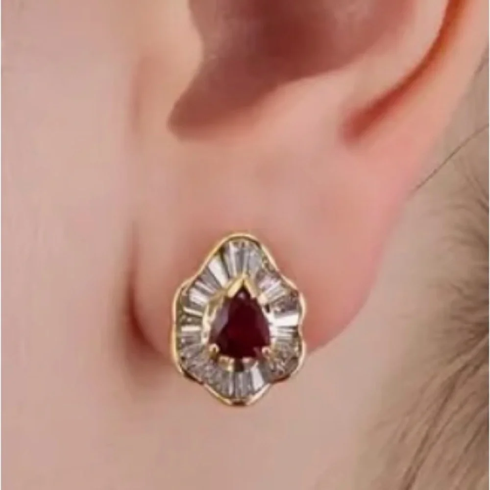 Red and Gold CZ Stud Earrings - Picture 2 of 2
